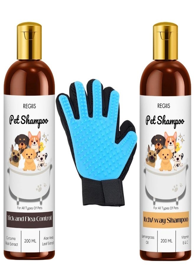 مجموعة شامبو ريجيس للحيوانات الأليفة مع قفاز للعناية، مكافحة القراد والبراغيث، علاج حكة الجلد، زجاجات سعة 200 مل، مكونات طبيعية (عبوة من 3 قطع)